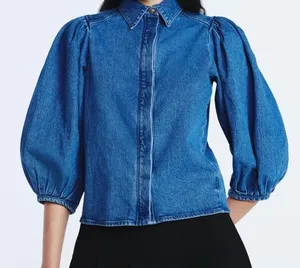 Scoop 3/4 Puff Sleeve Medium Wash Denim Shirt Small NWT thumbnail 1