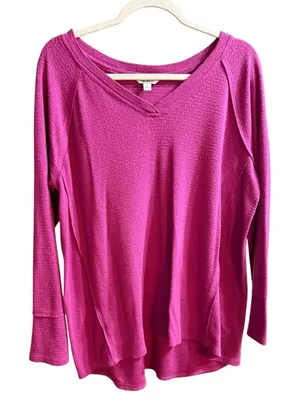 Wildfox Magenta Pink Waffle‎ Knit V-Neck Long Sleeve Top Cozy Casual Sz L thumbnail 1