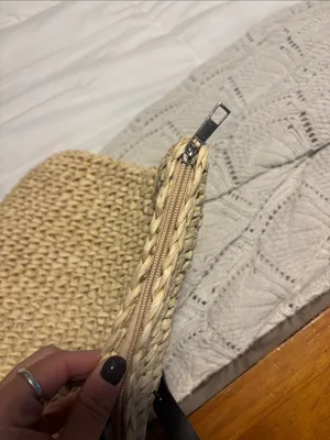 Woven Straw Tote Bag with Brown Faux Leather Handles thumbnail 2