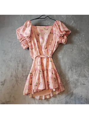 LoveShackFancy Pink Floral V-Neck Puff Sleeve Belted Satin Mini Dress 6 thumbnail 3