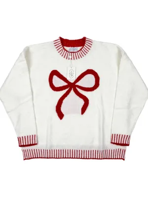 Mud Pie White Crewneck Sweater with Red Bow Detail thumbnail 2