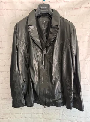 Italian Black Leather Zip-Front Bomber Jacket by CURGÉ EU Size 56 US 3XL thumbnail 1