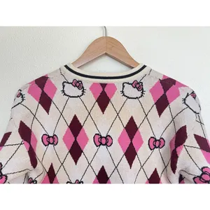 Hello Kitty Argyle Knit Cardigan Sweater Pink Burgundy Preppy Coquette Mall Y2K thumbnail 5