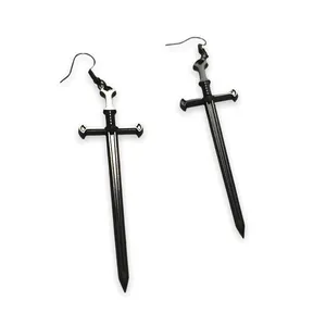 Black Goth Sword Pendant Long Hook Earrings thumbnail 2