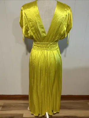 Anthropology Yellow V-Neck Satin Maxi Dress thumbnail 5