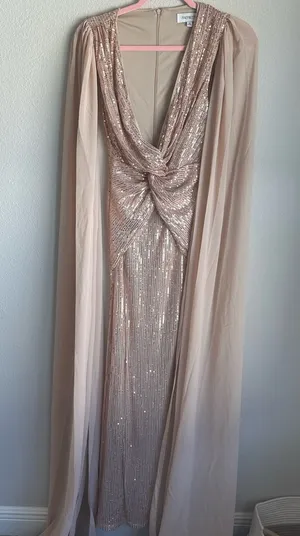Elegant Sequin Maxi Gown with Sheer Cape Gold Size XS thumbnail 1