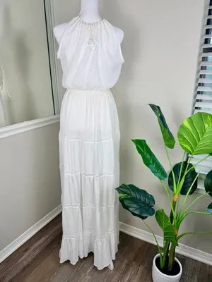 A.Peach White Boho Maxi Dress Womens Large Lace Button Front thumbnail 3