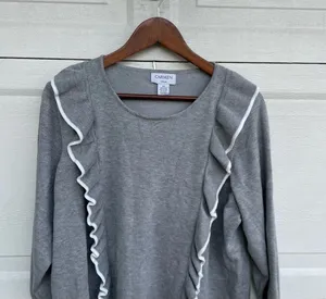 Carmen Marc Valvo Sweater Gray Grey White Ruffle Plus Size 2X thumbnail 4