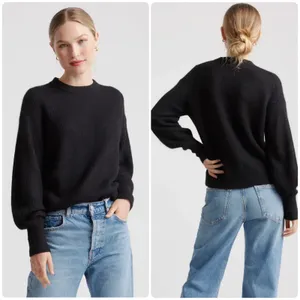 Quince Womens Black Baby Alpaca Wool Blend Minimalist‎ Ribbed Crewneck Sweater L thumbnail 2