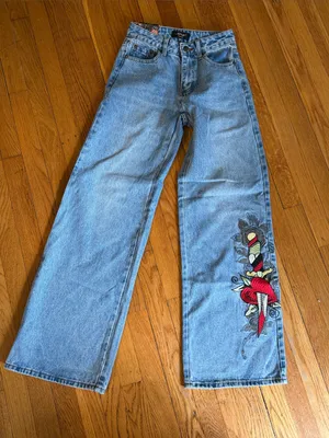 NEW Ed Hardy Light Blue Embroidered Wide Leg loose fit Women's Jeans 24 thumbnail 1