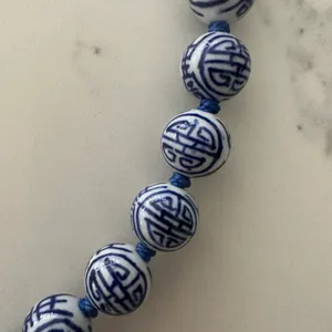 Anthropologie Vintage Chinoiserie Hand Knotted Beaded Necklace in Blue and White thumbnail 3