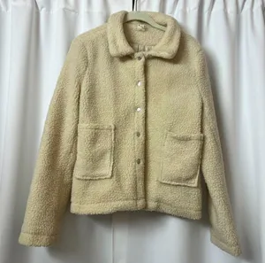 Light Cream Button up Faux Fur Sherpa Fleece Jacket Warm Winter Teddy Coat Size Large thumbnail 1