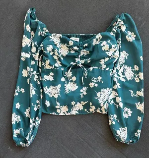 Abercrombie & Fitch Teal Floral Ruched Sweetheart Crop Top thumbnail 1