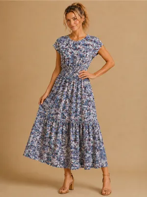 Nation Ltd. Boho Ditzy Floral 100% Pima Cotton Smocked Waist Maxi Dress Size XS thumbnail 9