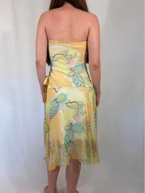 Whimsical Fairy Vintage Butter Yellow Strapless Butterfly Print Dress thumbnail 6