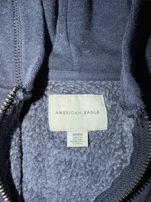 American Eagle Navy Hooded Half-Zip cropped Sweater with Gray & White Panels thumbnail 2