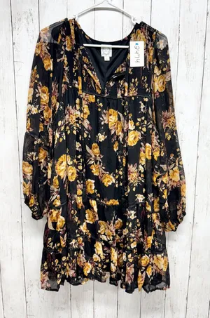 Blue‎ Rain Dress Women Size Large Floral Ruffle Smocked Long Sleeve Swing Mini thumbnail 1