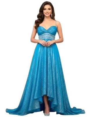 Dazzling Metallic Blue Silk Gown Flowy Prom 0 Hoco Glam Pageant Jeweled Hi-Low thumbnail 1