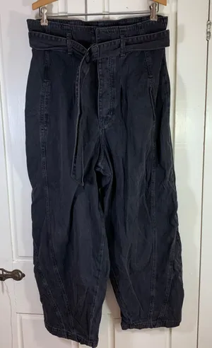 We The Free People Paperbag Waist Belted Barrel Leg Pants Black‎ Gray Medium thumbnail 1