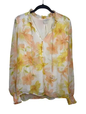 Joie Floral Sheer Blouse Womens Size L Peach Yellow Long Sleeve Tie Neck thumbnail 1