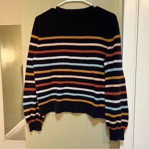 Loft Womens Size Large Crewneck Sweater Navy Blue Multicolor Stripes 100% Cotton thumbnail 6