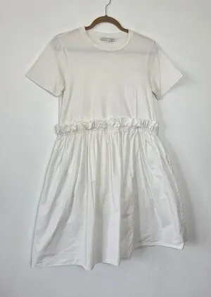 English Factory White Shirt Dress Ruffled Waist Pockets Tea Party Yacht Brunch M thumbnail 1