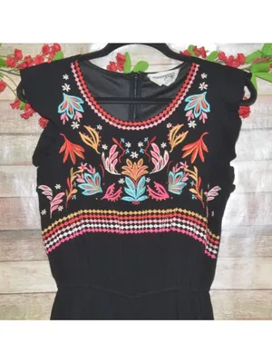 Savanna Jane M Black Embroidered Jumpsuit Boho Western Floral Wide Leg Rayon thumbnail 3