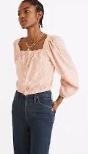 Madewell Striped Button Front Balloon‎ Sleeve Crop Top Orange White L thumbnail 1