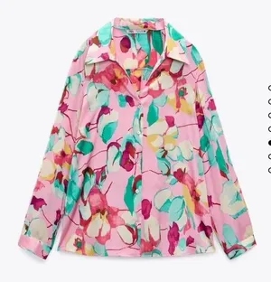 Zara Pink Floral Silky Button Up Blouse Size Medium thumbnail 1