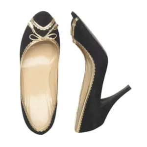 J. Crew Vintage Isabella Black Suede Gold Trim Peep Toe Heels Shoes Women 8.5 thumbnail 2