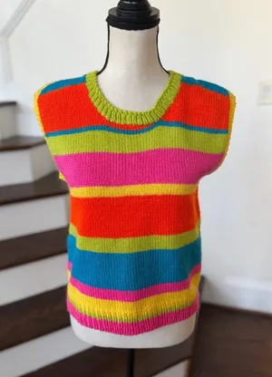 Handmade Vintage Hand Knit Neon Rainbow Orange Lime Green Pink Rugby Stripe Sweater Vest thumbnail 1