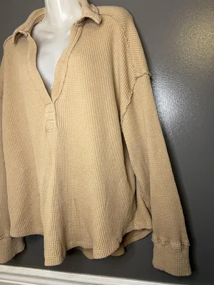 Aerie Shirt Womens XL Beige Collared Long Sleeve Thermal Waffle Knit Tunic Top thumbnail 4