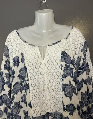 Free People Blouse Womens M White Scoop Neck 3/4 Balloon Sleeve Floral Tunic thumbnail 1