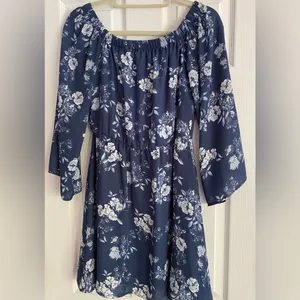 Altar'd State Navy Blue Floral Off-The-Shoulder Bishop Sleeve Mini Dress Small thumbnail 4