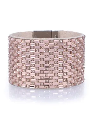 8” Wide Cuff Pink Gemstone Leather Bracelet thumbnail 2