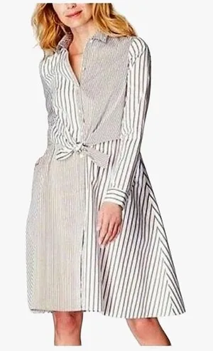 J. Jill Pinstripe Tie Waist Detail Collared Button-Down Shirt Dress Latte and White thumbnail 1