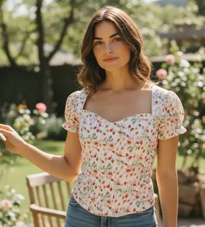 Victoria's Secret Strawberry Floral Puff Sleeve Corset Top Size M thumbnail 1