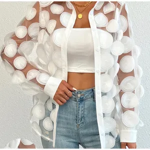 White Sheer Mesh 3D Applique Floral Button Down Blouse Long Sleeve Top M thumbnail 3