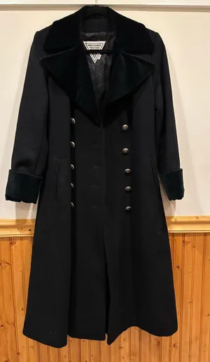 Marvin Richards Vintage Long Wool Coat Double Breasted Black Fur Collar Size 2 thumbnail 1