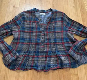 Natural Life Plaid Brushed Cotton Gauze Peplum Blouse Sz M thumbnail 1