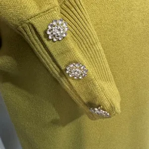 Cottagecore Mock Neck Puff Sleeve Sweater‎ Crystal Button Cuffs Olive Green Sz M thumbnail 4