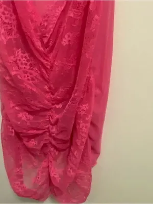 Lingerie Mini Dress S Small Hot Pink Sheer Lace Cutout Midriff Ruched Coquette thumbnail 4