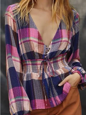 Anthropologie Pilcro Blouse Womens Large Pink Navy Plaid Smocked Waist V-Neck thumbnail 11