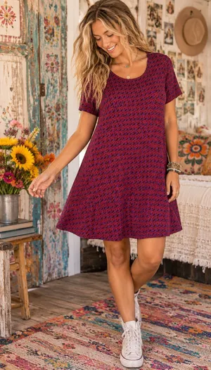 Natural Life Geometric T-Shirt Dress Red Purple Size Medium Boho Casual thumbnail 1