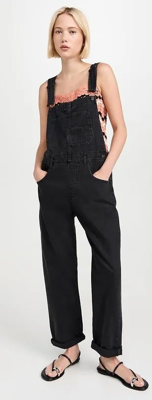 We The Free Gray Black Ziggy Overalls 90s Retro Casual Boho Cotton Women size XS thumbnail 1
