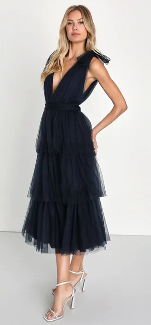 NWT Lulus Flawless Arrival Navy Blue Tulle Tie-Strap Tiered Maxi Dress Size L thumbnail 1