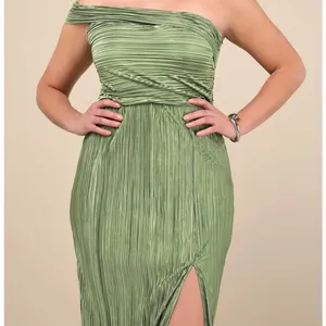NEW Lulus Poised Performance Olive Green Plisse One-Shoulder Maxi Dress Large thumbnail 2