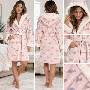 Bear Paw Pink Plush Hooded Sherpa Trim Robe, Women's M Two Pockets Belted NWT thumbnail 2