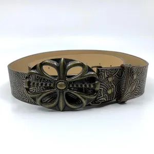 Women’s Brown Faux Leather Belt w/ Antique Gold Buckle, 28-36.5 Inches, X7G9A747 thumbnail 2
