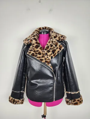 Black Faux Leather Moto Jacket with Leopard Faux Fur Accent thumbnail 14